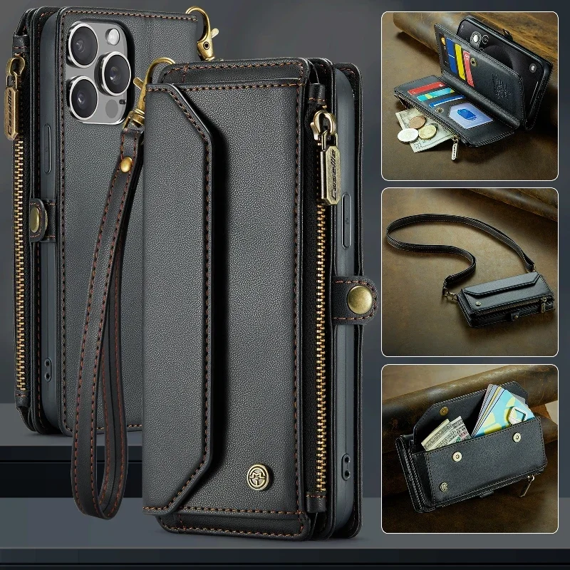 

Multi Functional Wallet Case Flip Cover for iPhone 17Air 16 15 14 13 12 Mini 11 Pro Max 6 7 8 Plus XR Xs Max with Shoulder Strap