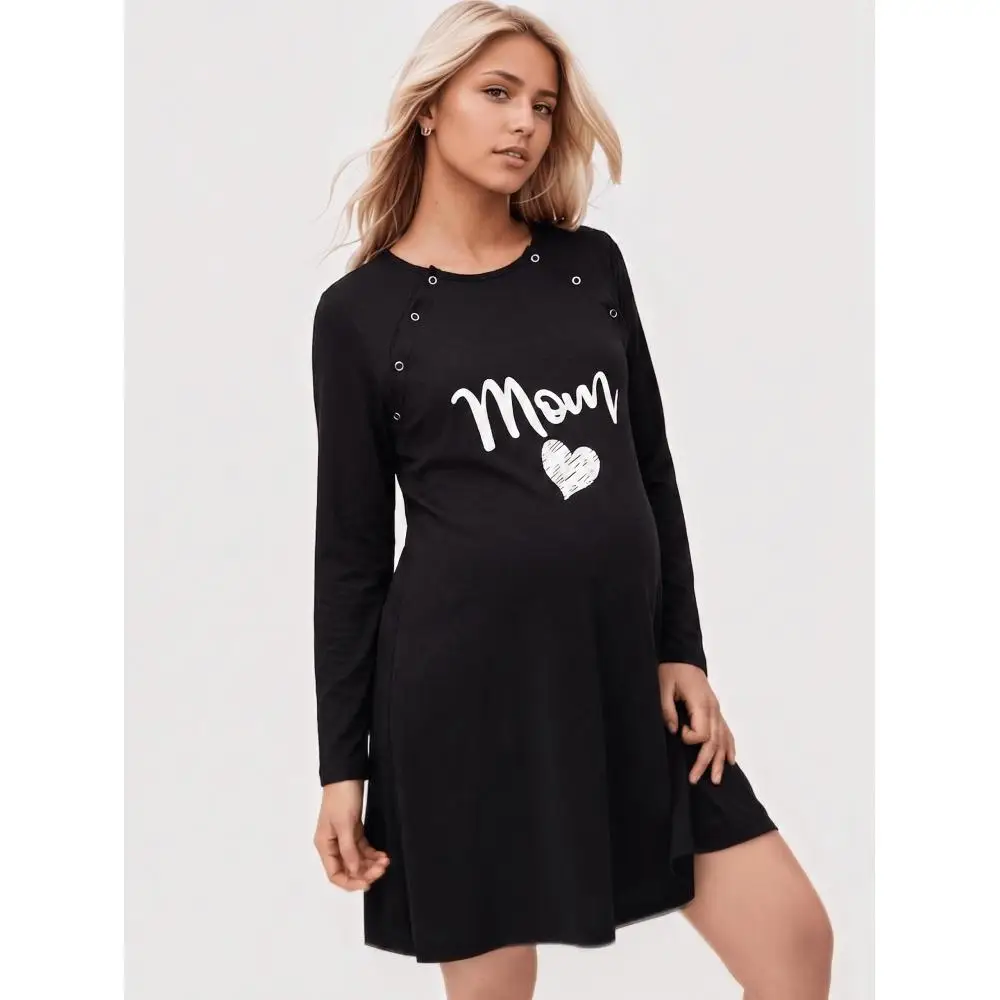 Maternity breastfeeding pajamas nursing long-sleeved skirt autumn winter black casual nightdress maternity wear