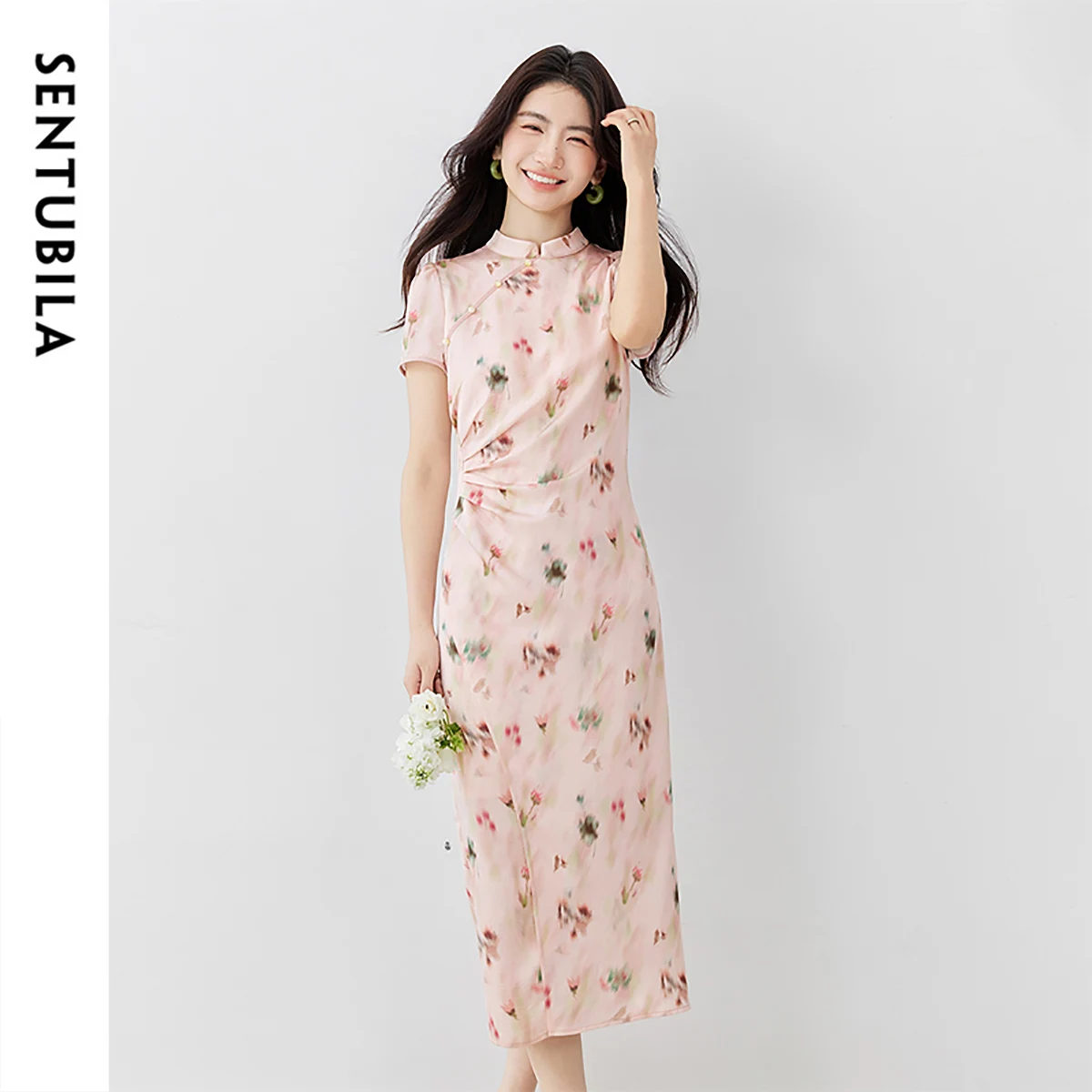 

SENTUBILA Summer Dress Woman 2025 Chinese Style Split Fork Oblique Placket Printing Short Sleeve Modern Qipao Luxury 152LF1732