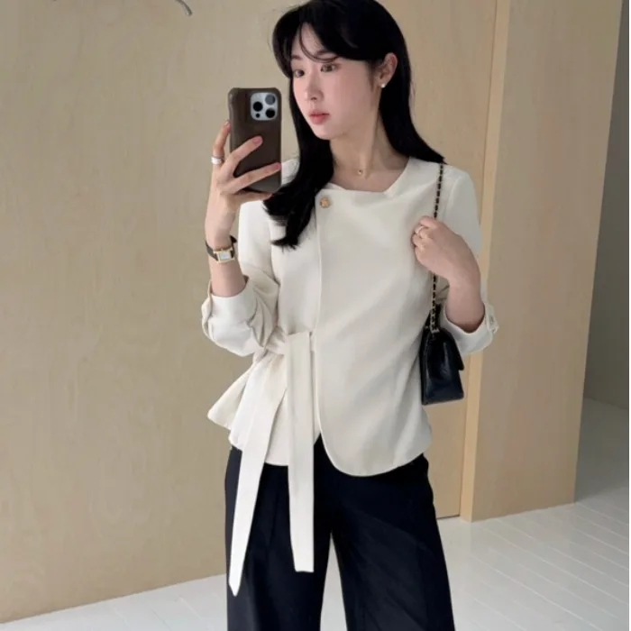 Korean Style Thin Belted Coat Elegant Shirt Women's Fashion Wrap around Long Sleeve Casual Outerwear Autumn Season