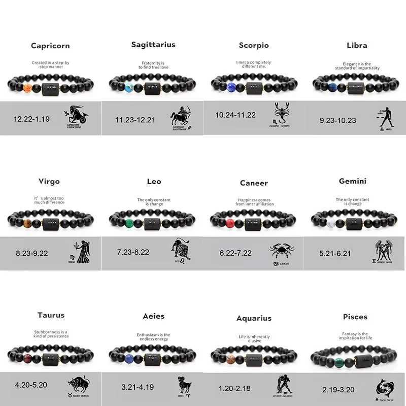 12 zodiac bracelets for men and women, natural agate stone bracelets, European fashion accessories