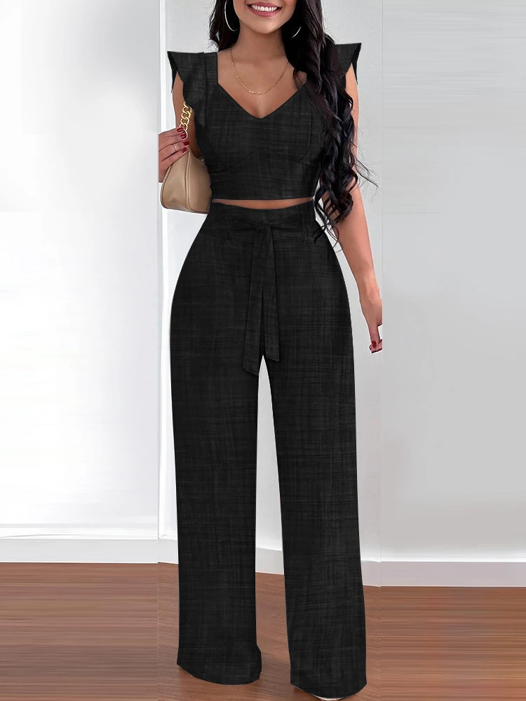 Summer Casual Clothes Women Elegance 2 Pieces Sets Suits Solid Ruffle Hem Shirred Crop Top & High Waist Pants Set Black Blue