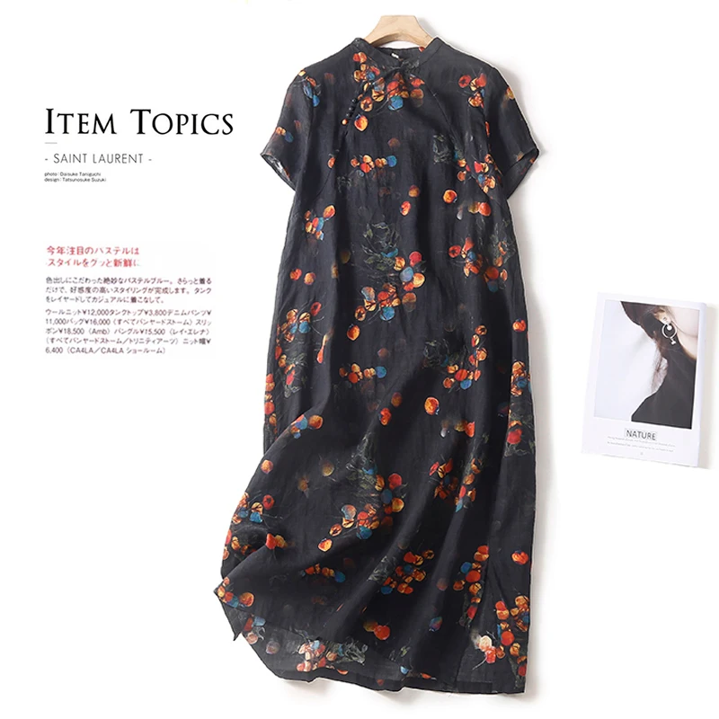 2022 Summer New Arts Style Women Short Sleeve Stand Collar Long Dress Vintage Print Casual Cotton Linen A-line Dresses C230