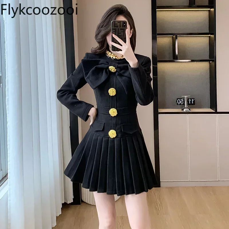 2024 Autumn and Winter New High-end Light Luxury Design Big Bow Short Plaid Woolen Dress Vestidos Elegantes Para Mujer