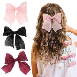 ncmama Chiffon Pearl Bow Hair Clip Mesh Bowkonte Hairpins for Kids Girls Cute Handmade Barrettes Headwear Baby Hair Accessories