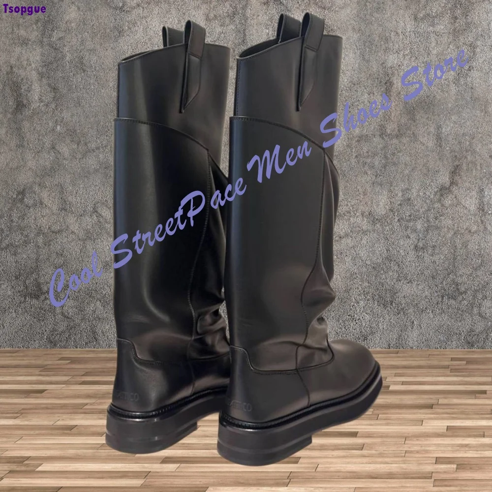 Dark Black Soft Leather Ruched Men Knee High Knight Boots 2026 Men Shoes Chunky Thick Platform Sole Street Fashion Boots