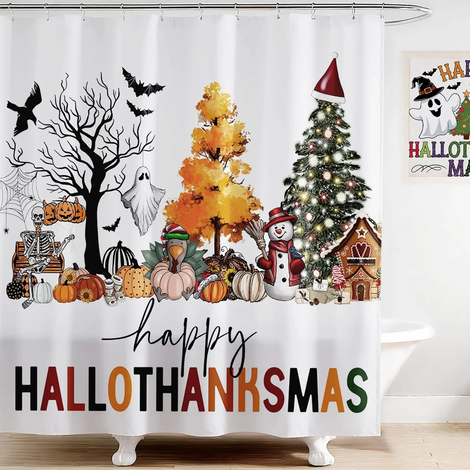 Halloween Hallothanksmas Shower Curtains for Bathroom Decor Fall Halloween Thanksgiving Christmas Shower Curtain Set