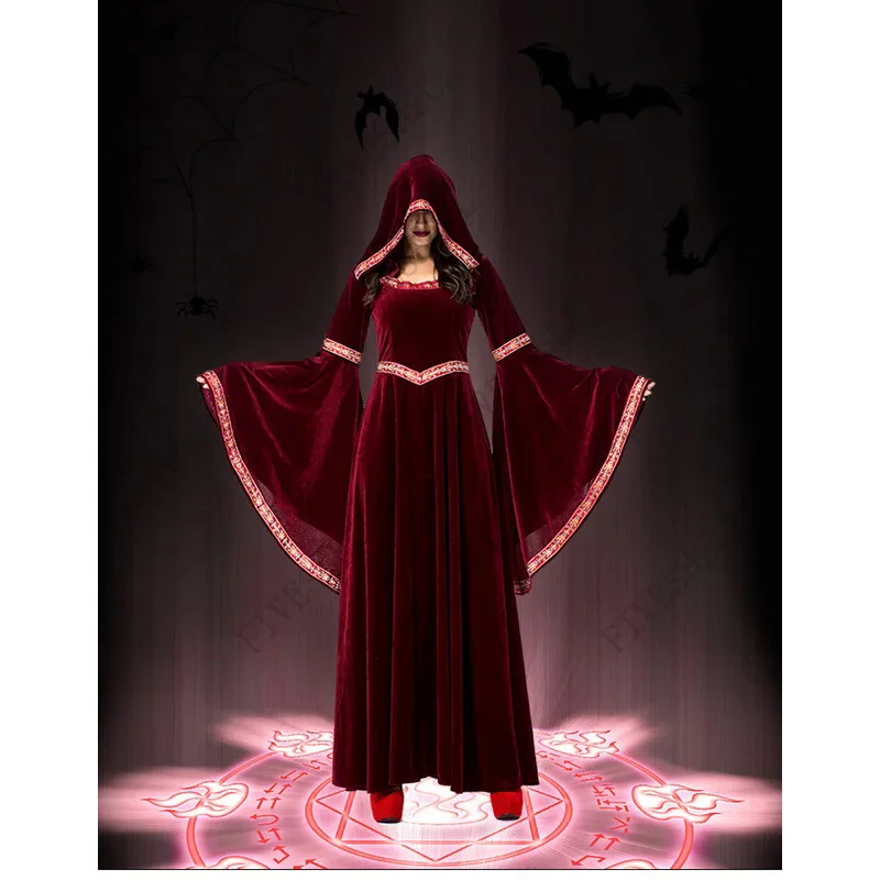 

2023 Deluxe Women Medieval Cosplay Vampire Halloween Costumes Adult Gothic Hoodie Witch Long Party Dress