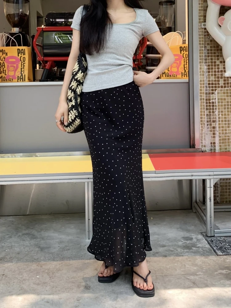 Falda Midi de Cintura Alta con Estampado de Lunares Rojos, Estilo Dulce y Versátil, para Mujer, Otoño, Estilo Adeazante y R...