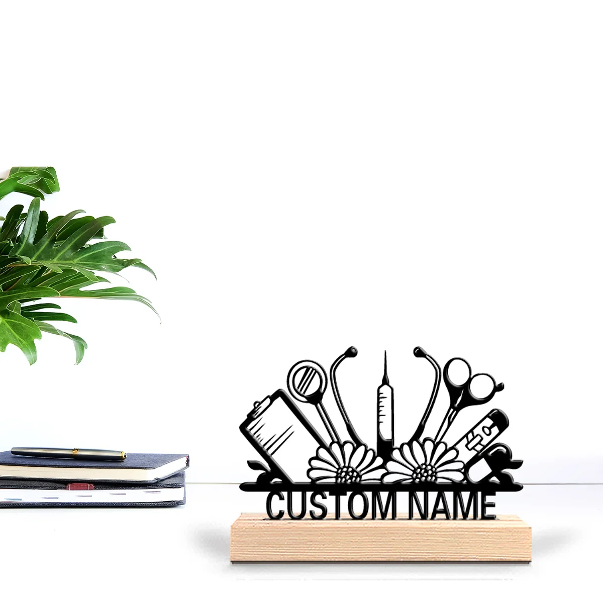1pc Fashion Stethoscope flower Customizable Name Metal Statue Art Crafts With Wood Base Iron Sculpture For Friend Gifts