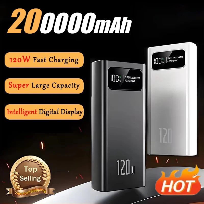 200000mAh Power Bank 120W Super Fast Charging Battery High Capacity Digital Display Power Bank For Xiaomi Huawei Iphone Samsung