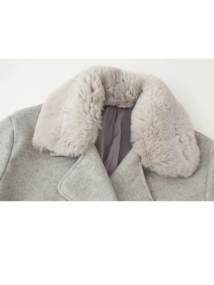 HH mujer moda invierno manga larga adorno de piel sintética traje de una sola botonadura solapa Chaqueta corta mujer ocio estilo callejero abrigo