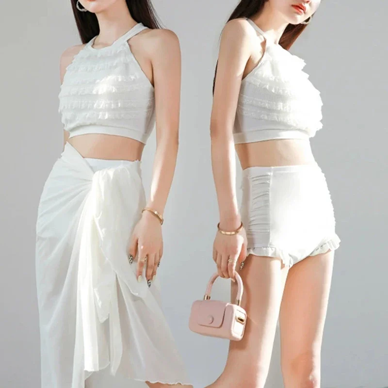 OIINAA Seksowny Strój Kąpielowy Damski Bez Pleców Z Falbankami na Gorące Źródła Czarna Siateczkowa Narzutka Letni Nowy Koreański Zestaw Bikini na Wakacje 2025