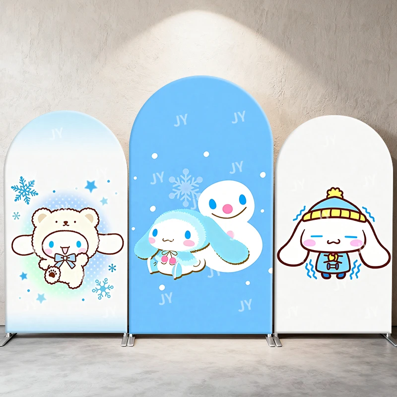 

Cinnamoroll Sanrio Arch Backdrop Cover Winter Snow Scene Winter Outfits Cute Cartoon Birthday and Baby Shower Photo Booth Decor