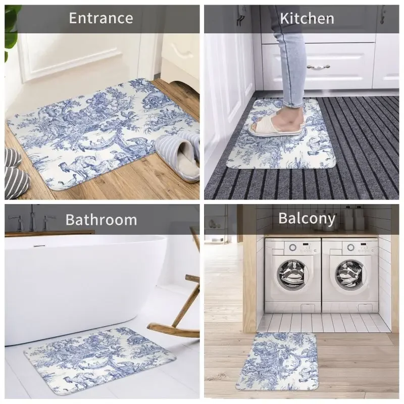 Navy Blue Toile De Jouy Doormat Non-Slip Bathroom Kitchen Mat Garden Garage Door Floor Entrance Carpet Rug