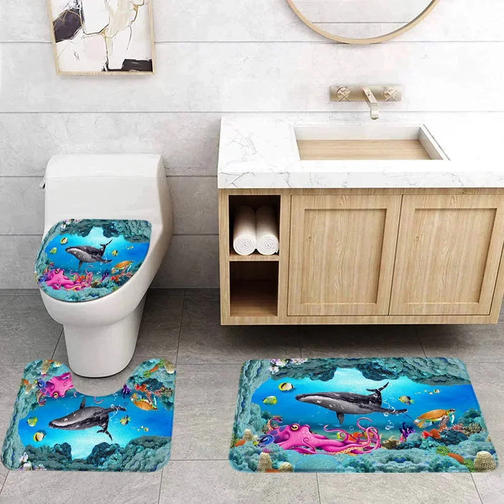 3D Printed Sea Animal Bath Mat Set Sea World Dolphin Pattern Bathtub Decoration Seawater Landscape Bathroom Decoration