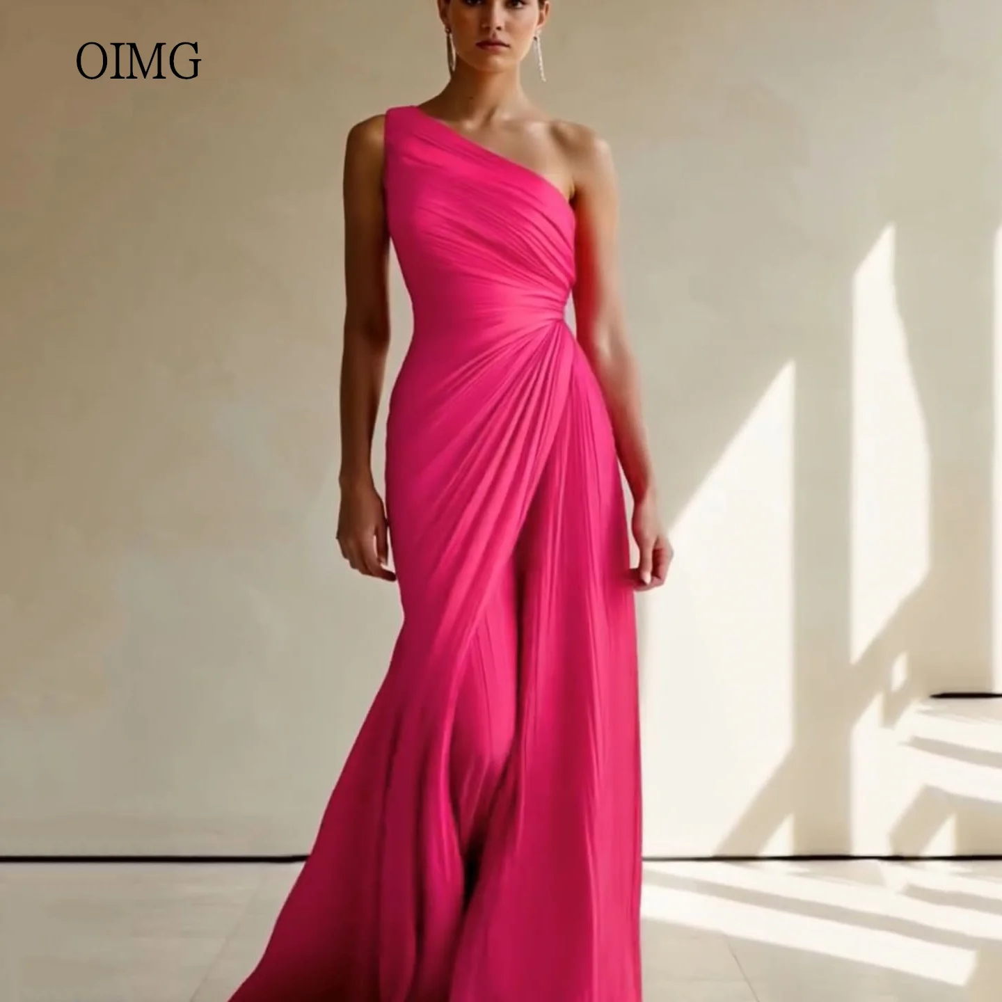 

OIMG Hot Pink One Shoulder Mermaid Prom Gowns Sleeveless Party Gown Floor Length Evening Dress vestidos de festa Customized