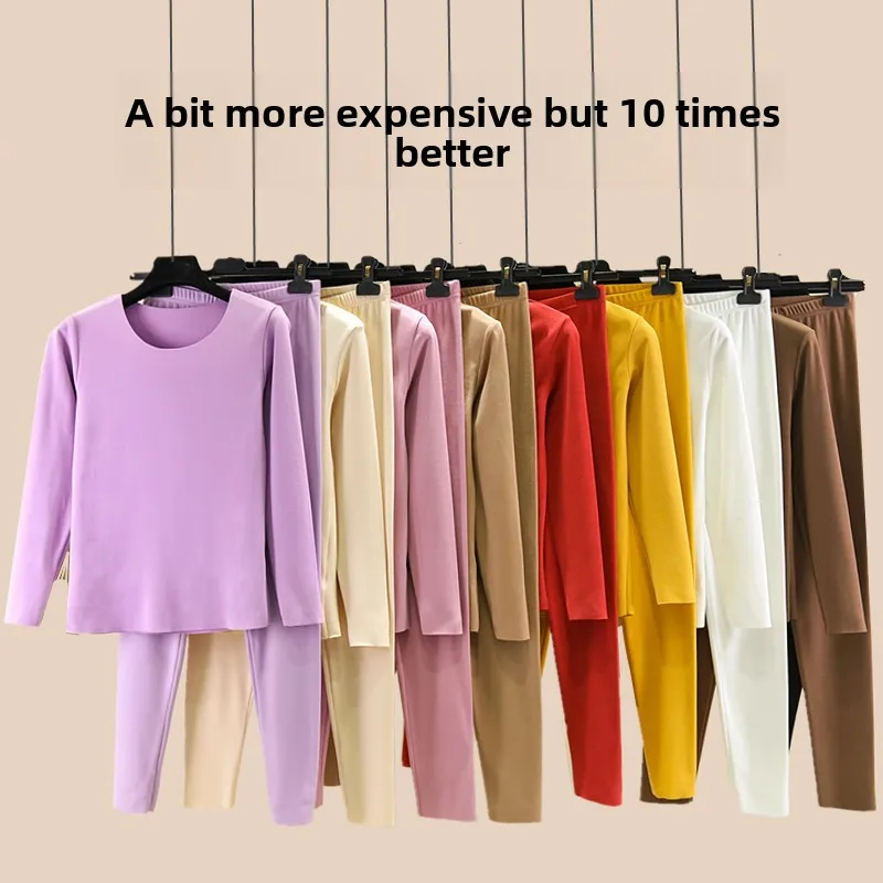 Thickened Double-Sided Fleece Warmth Set Women's Autumn Winter Thermal Underwear Long Sleeve Base Layer Top And Pants Ensemble