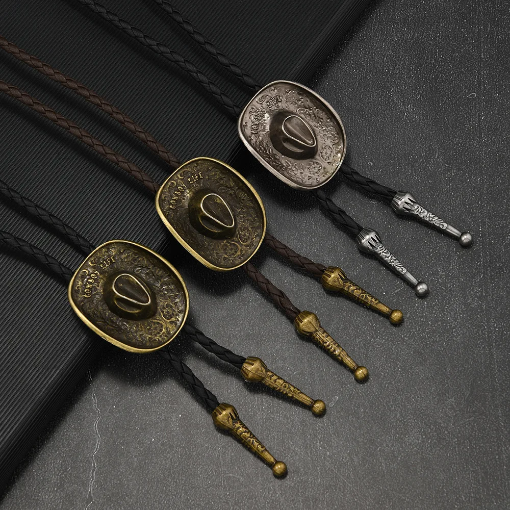 New Arrival Alloy Jazz Hat Bolo Tie Western Cowboy Style Leather Necklace for Men Women Fashion Accessory