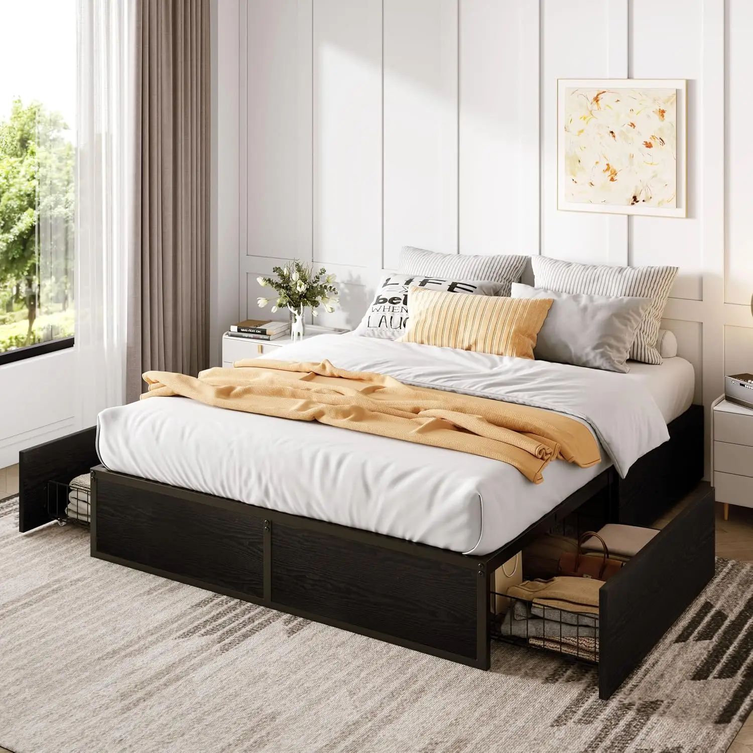Queen Platform Bed Frame with 2 Storage Drawers,Black Metal and Rustic Wood Bed Base,Heavy Duty, Noise Free,No Box Spring Needed