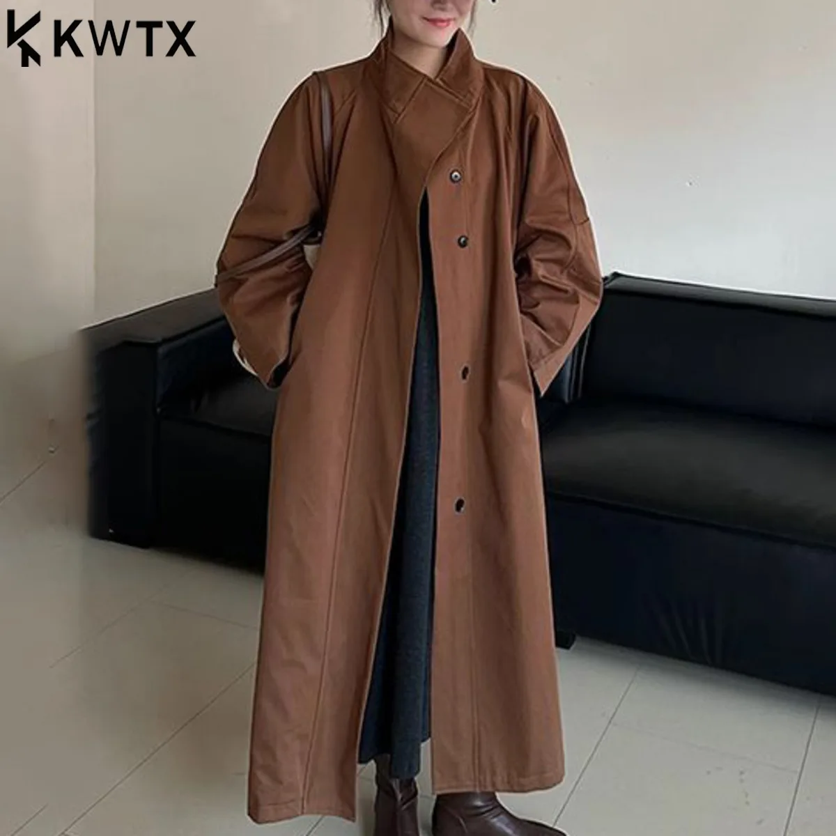 

KWTX 2025 Premium Long Gray Trench Coat Women's Fashion Elegant Style Stand Collar Loose Outerwear Chic Design Early Fall Coat