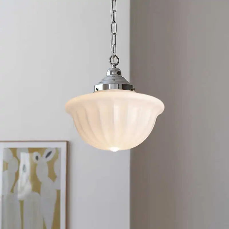 French Wrought Iron Pendant Light Rotundity White Glass Hanging Lamp Bedroom Living Room Restaurant Kitchen Long Line Chandelier