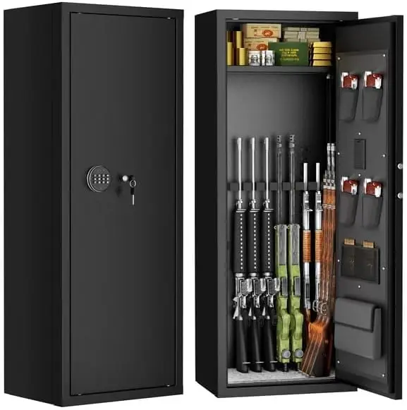 

10-15 Gun Safe with Keyboard, Fireproof GunCabinet for Rifles with4 Short Gun Pockets and Adjustable Rifle Rack for Home, Garage
