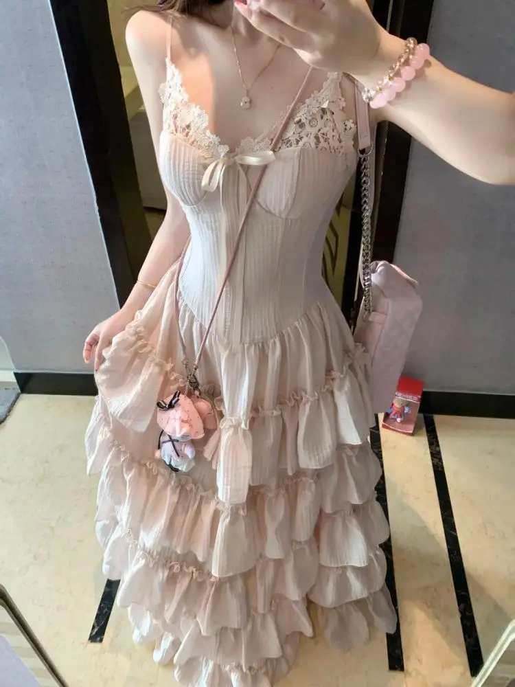 Designer Sweet Lace Slim Patchwork Long Slip Dress Women France Fashion Elegant Summer Temperament Gentle A-line Dresses New