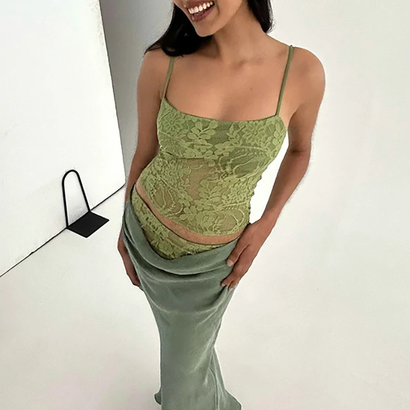 

2026 Spring Hollow Clubwear Party Women Set Sexy Embroidery Lace Sling Top & Maxi Skirts Outfit Summer Sleeveless Slim Chic Suit