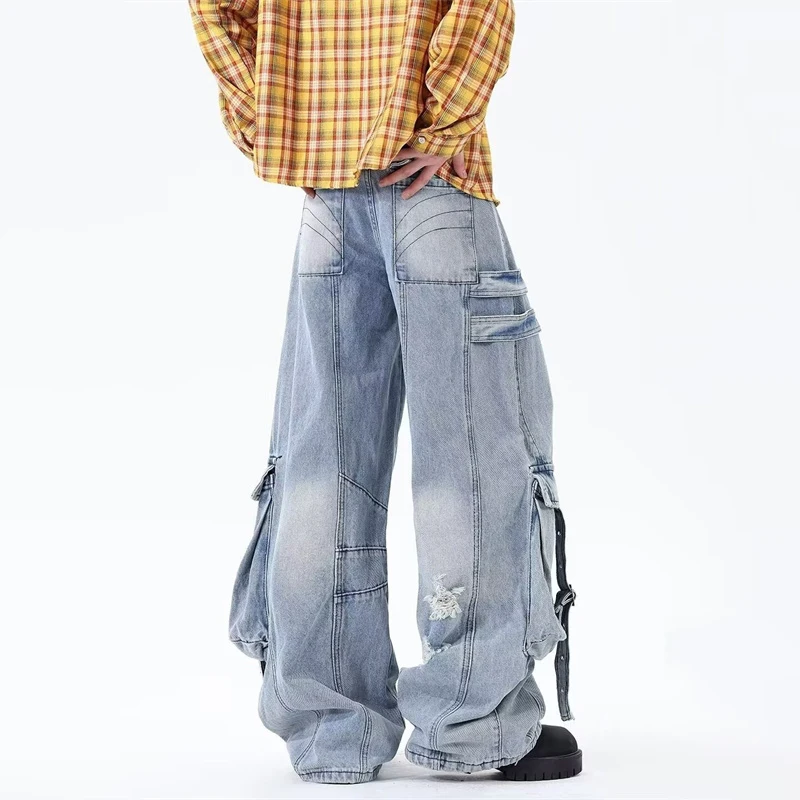New Men's Ripped Multi-Pocket Curved Cargo Denim Pants Hip Hop Fashion Deconstruction Jeans Y2K Streetwear Baggy ]Jean