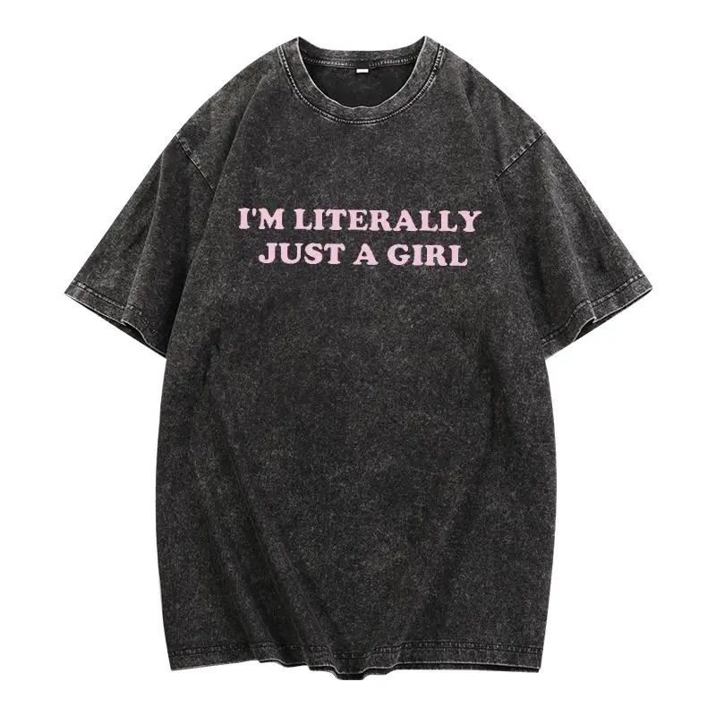 

Women's I'M LITERALLY JUST A GIRL T Shirt Washed Vintage Tee Loose Fit Short Sleeve Funny Graphic Top Streetwear