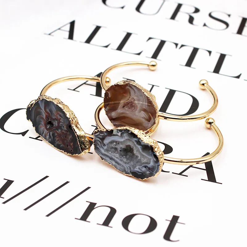 Natural Brazilian Agate Bangle Irregular Geode Raw Stone Gold Plated Open Cuff Bracelets Primary Color for Women Healing Crystal