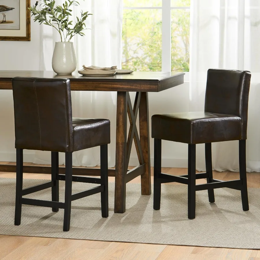 Counter height barstool set for home bar use, bonded leather material, brown color, durable and stylish design
