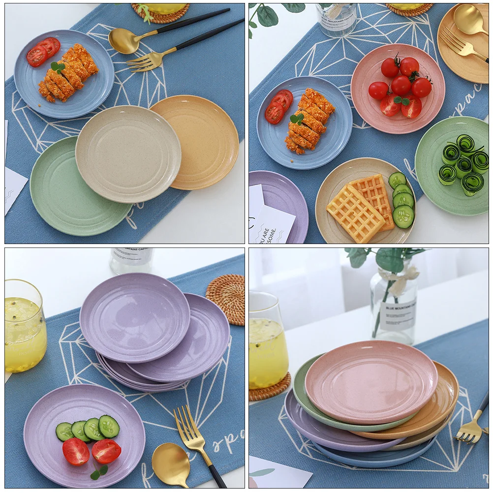 

6Pcs Small Dish Storage Plate Set Creative Round Wheat Straw Snack Plates Multipurpose Fruit Dessert Tray Tableware