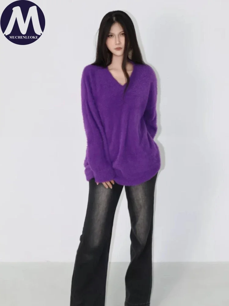 Women's Faux Mink Plush V-Neck Knitted Sweater Warm Thick Casual Korean Fashion Loose Pullover for Autumn Winter