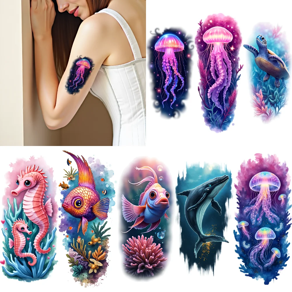 

12pcs Temporary Tattoo Jellyfish Realistic Temporary Tattoos Coral Fish Colorful Realism Seahorse For Thighs Women Back
