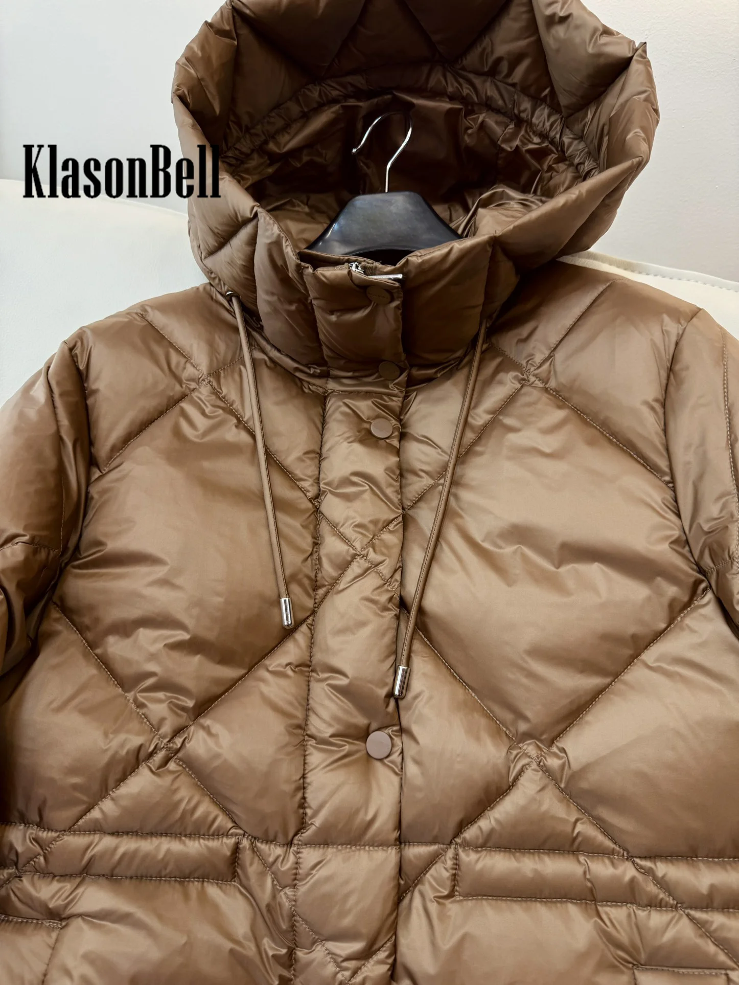 8.31 KlasonBell Women Quilted Argyle Plaid Hooded Goose Down Long Outerwear Drawstring Collect Waist Keep Warm Down Coat