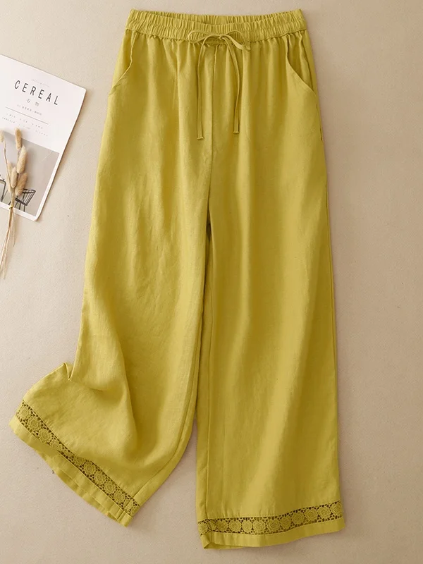 Linen Wide Leg Pants Women's Summer Design Embroidered Hollow Straight Casual High Waist Drape Slimming Long Trousers
