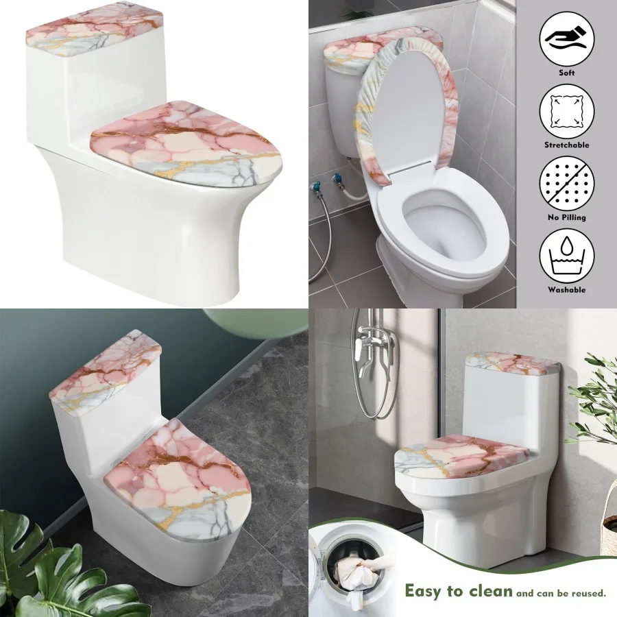 

Pink Toilet Seat Cover Set for Elongated Toilets with Rose Gold Marble Design Elegant Bathroom Decorative Lid Cover for Modern