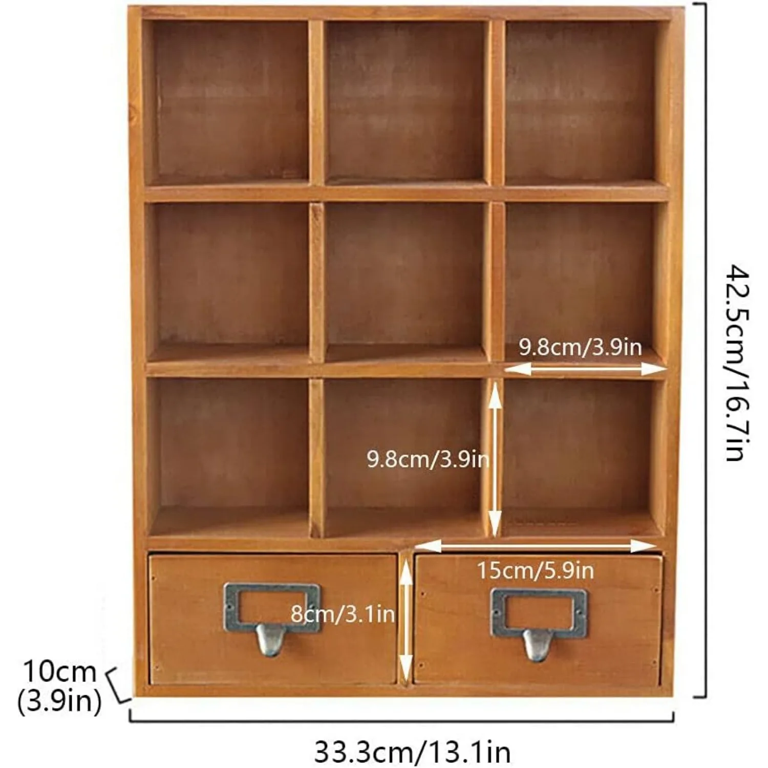 Vintage Wooden Display Shelves with 2 Drawers Storage 9 Compartment Shadow Box, Floating Shelves Top Display Organizer