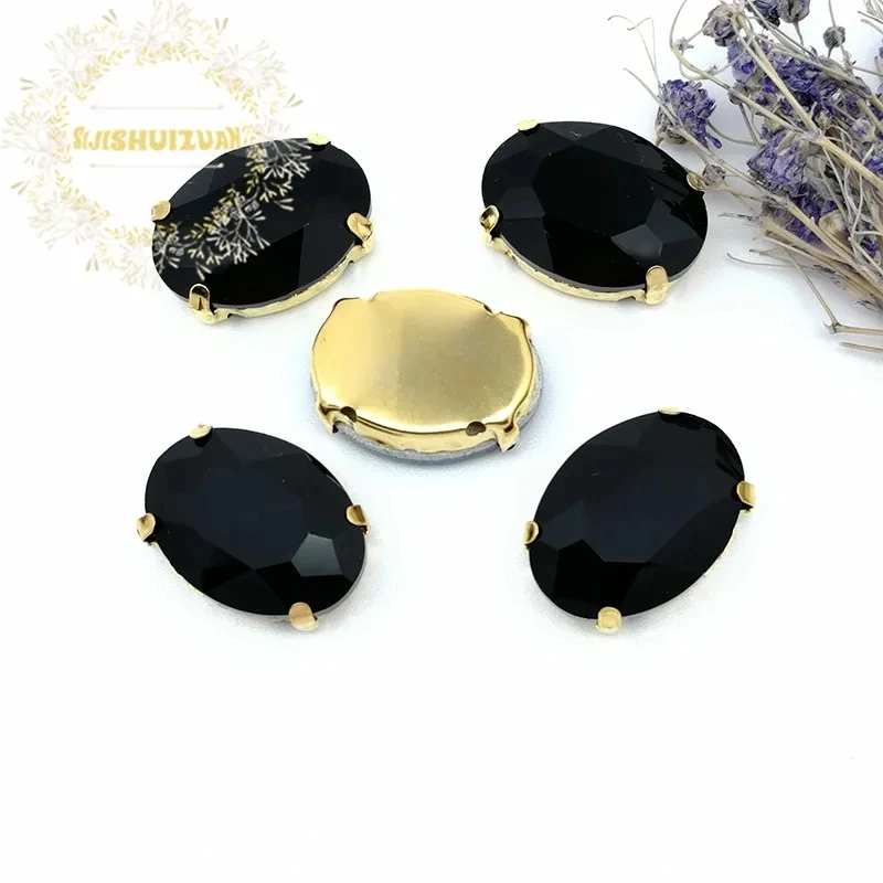 Black Crystal Oval With Gold Claw Setting Rhinestones Sewing Clothe For Needlework Stone DIY Sew On Wedding Dress Shoes Bags