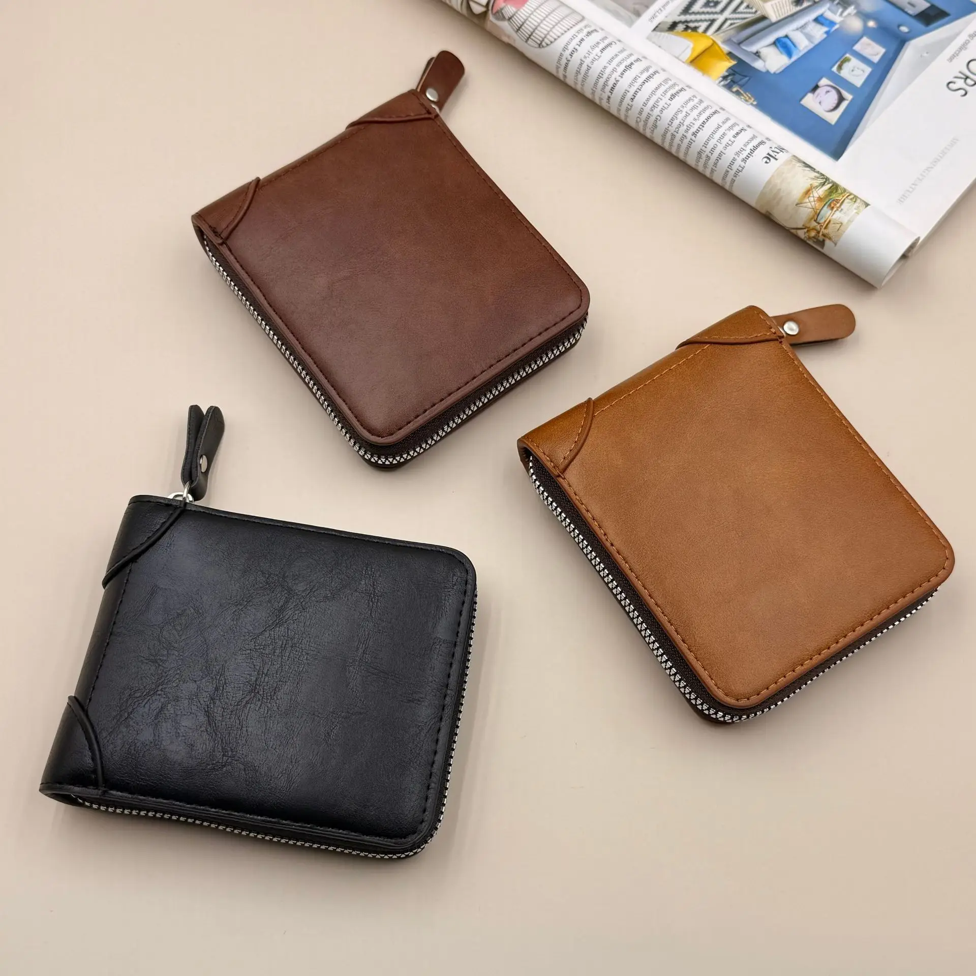 Herren-Lederbrieftasche mit großer Kapazität, Reißverschluss, mehreren Kartenfächern, Münz- und Bargeldfach sowie Ausweisfenster – Detail 1