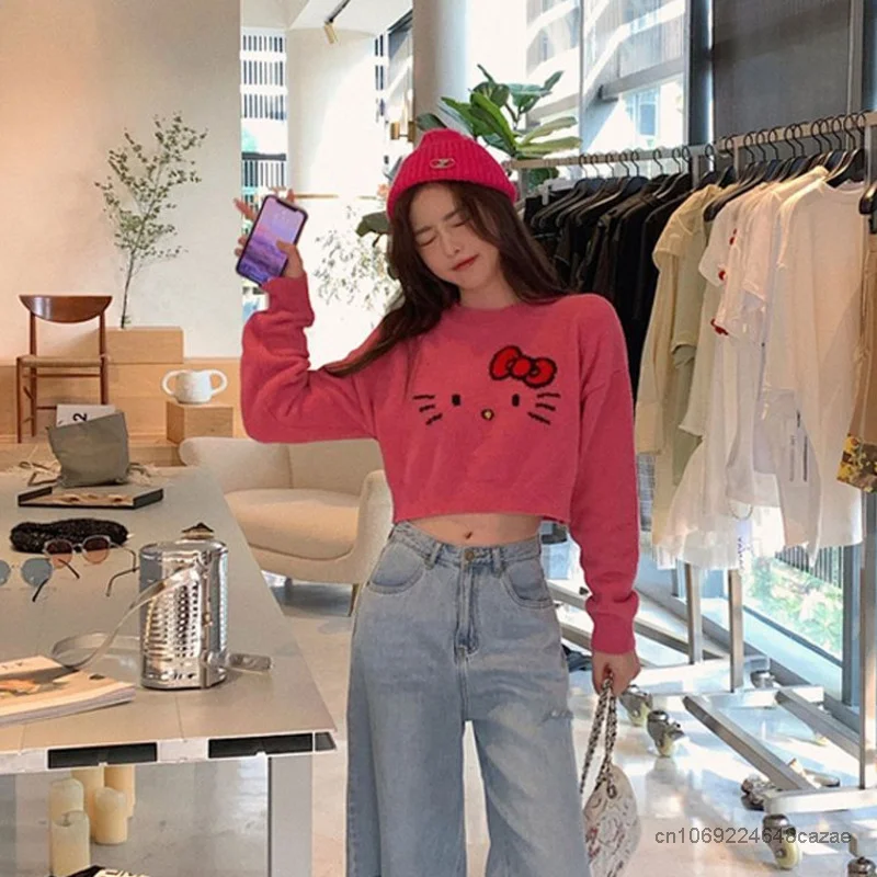 Sanrio Hello Kitty Spring Autumn Short Sweaters Y2k Clothes Cartoon Cute Knitwear Women Korean Japanese Style Fashion Crop Tops