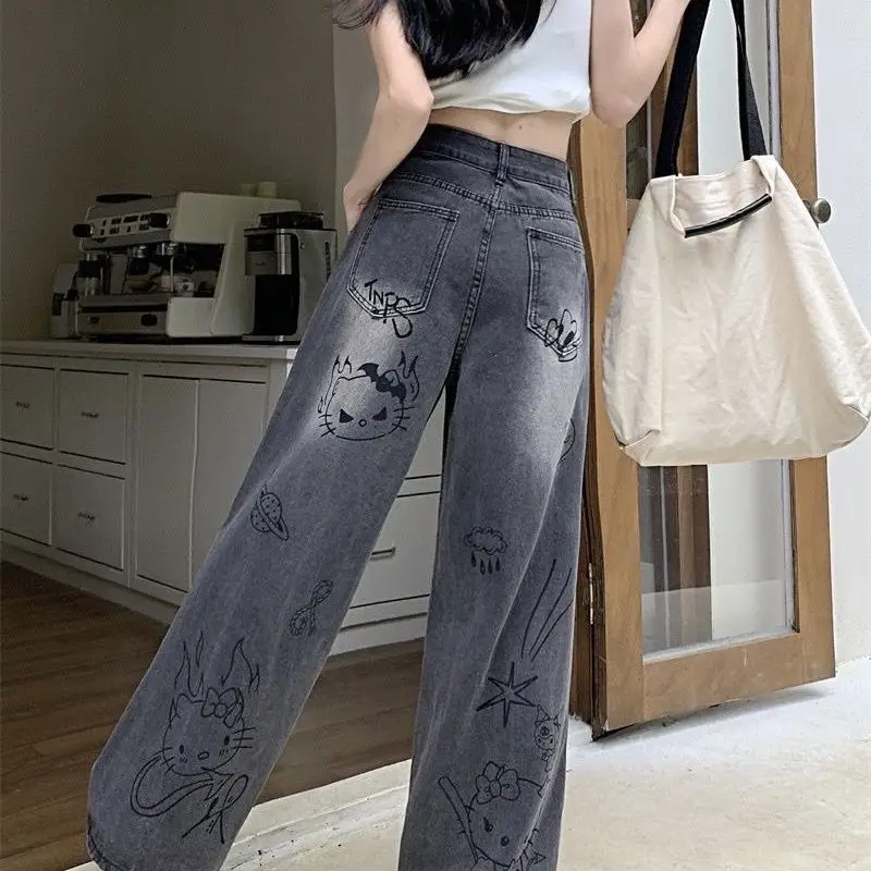 Sanrio Hello Kitty Cute Cartoon Graffiti Washed Denim Pants Loose Street Straight Leg Jeans Korean Version Trend Wide Leg Pants