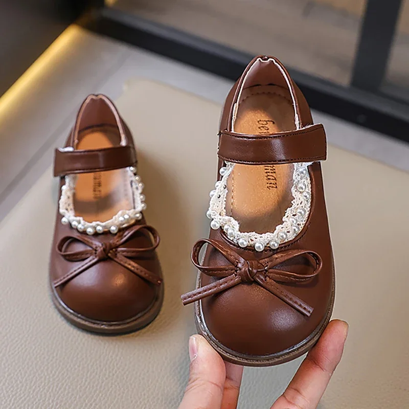 

Children's Leather Shoes Fashion Lace Bow Girls' Princess Shoes 2025 Spring New Soft Soled Baby Kid's Casual Mary Jane Shoes