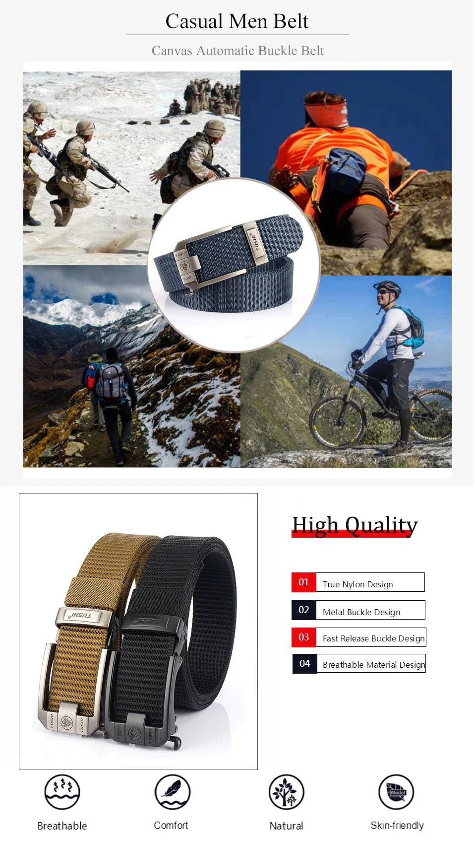Luxury Metal Automatic Buckle Canvas Belts For Men Thick Tough Nylon Webbing Waistband Outdoor Jeans Pants Tactical Belt Hiking