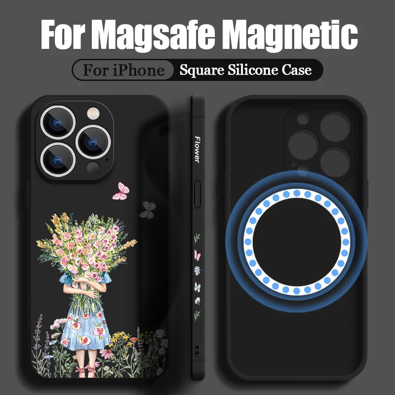 Coque magnétique Girl Arrage Flowers pour iPhone, iPhone 15 Pro Max 11 12 13 14 Pro Max, Magsafe, plaque métallique intégrée, housse de lanière