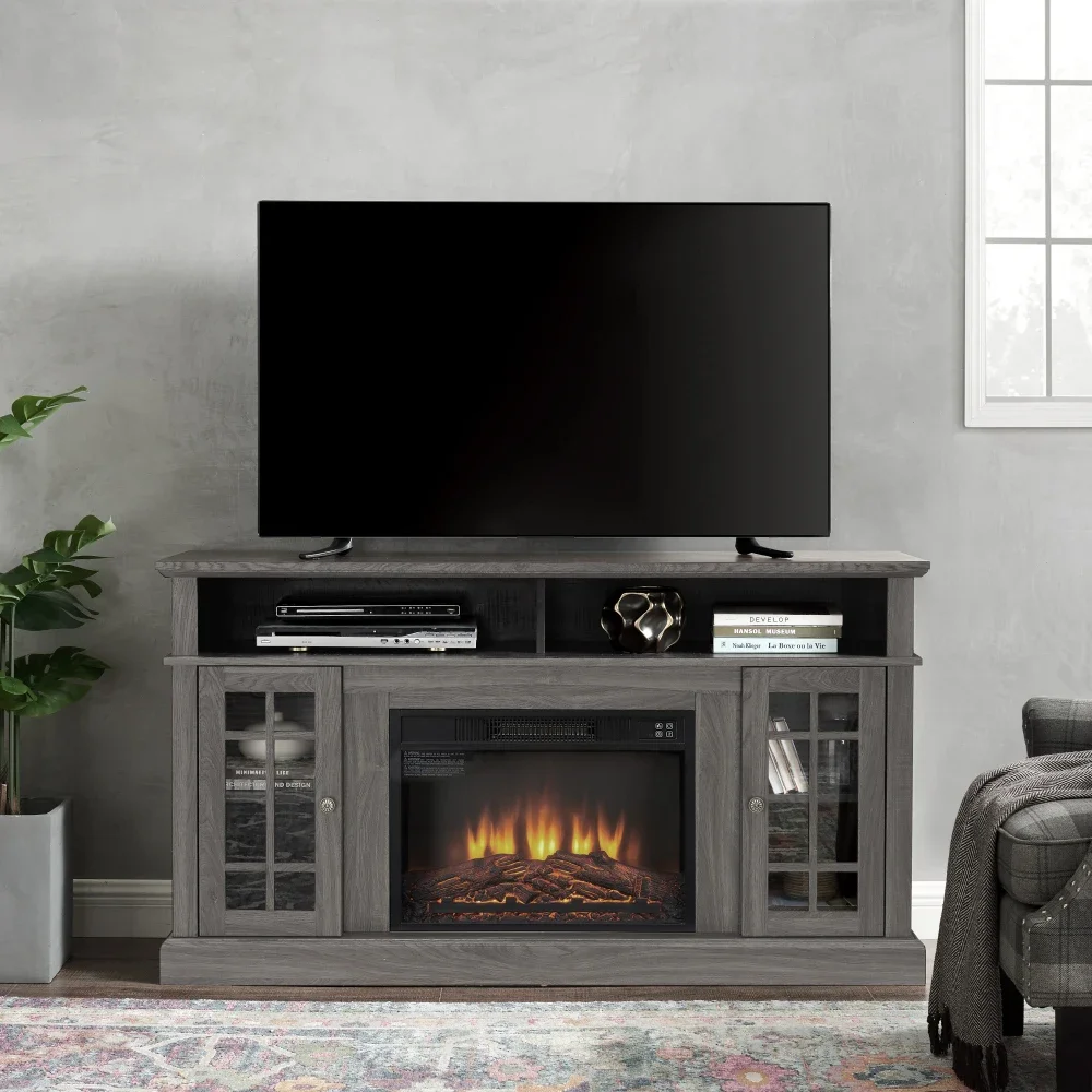 

TV Media Stand Console with 23" Fireplace Insert for TV Up to 65" with Storage Space, Dark Walnut/Black, 58.25"W*15.75"D*32"H