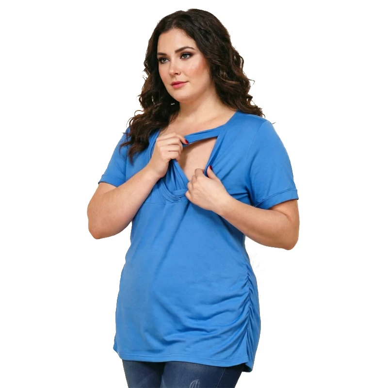 Cross Front Double Layer Nursing Maternity Top Short Sleeve Side Ruched Loose Fit Plus Size Breastfeeding Tee Shirt