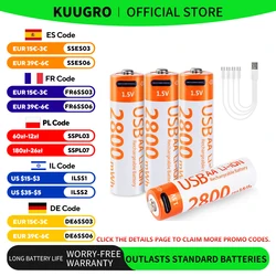 Kuugro 1.5V 2800mWh AA Rechargeable Battery USB Type-C Rechargeable aa Li-ion Battery for Remote Control Electric Toys Mouse